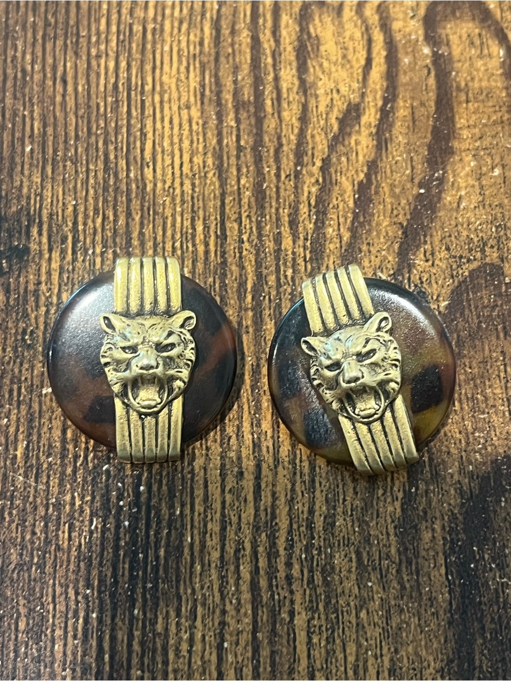 Vintage Tortoiseshell & Gold Tone Tiger Panther Statement Earrings